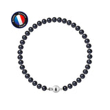 Le bracelet Perlinea NOELYSE est composé de perles noires de 5/6 mm et d'un fermoir boule en argent sterling, présentés dans un cercle sur fond blanc. Un badge de certification français bleu, rouge et blanc apparaît dans le coin supérieur gauche.