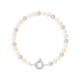 Le bracelet NOELYSE de Perlinea est composé de perles d'eau douce multicolores de 6/7 mm dans les tons lavande, pêche et blanc, avec un fermoir à bascule en argent 925, sur fond blanc.