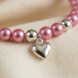 Bracelet Porte Bonheur Coeur - Perles d'Eau Douce Roses Fushia
