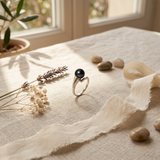 Bague or blanc 9 carats avec perle de culture noire de Tahiti, posée sur lin beige.