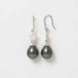 Boucles d'oreilles argent 925 à crochet, motif étoile et perle noire pendante.