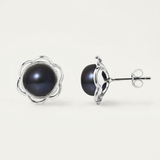 Boucles d'oreilles fleur en argent 925 serties d'une perle noire de Tahiti, vue face et profil.