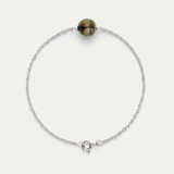 Bracelet argent 925 chaîne fine avec perle noire de Tahiti aux reflets verts, fermoir anneau.
