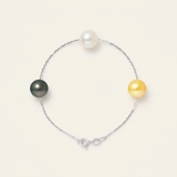 Bracelet argent 925 trois perles de culture blanc, or et Tahiti noir, chaîne fine.