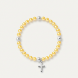 Bracelet perle d'eau douce dorée en argent 925 avec pendentif croix et billes argentées.
