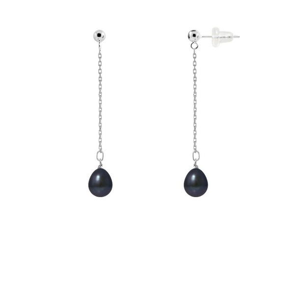 Boucles d'oreilles pendantes en or blanc et perles noires | Lolita