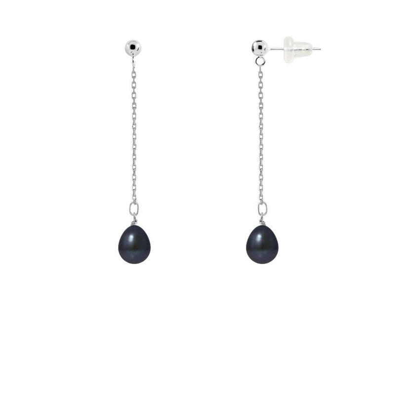 Boucles d'oreilles pendantes LOLITA | Or Blanc & Perles Noires