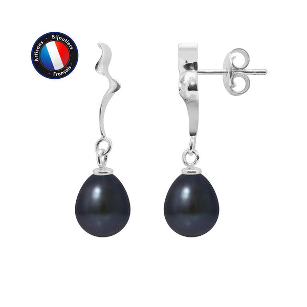 Boucle d'Oreilles- Perle de Culture- Poire 8-9 mm Black Tahiti- Or Blanc