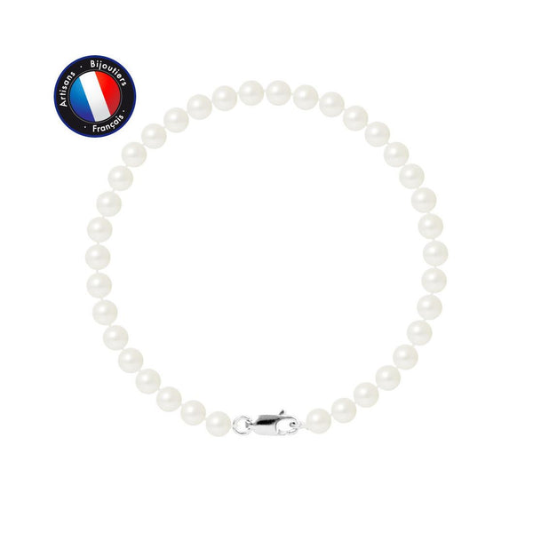 Bracelet Or Blanc & Perles de Culture Blanche - 5/6mm - Fermoir Mousqueton