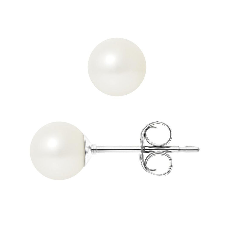 Boucles d'Oreilles- Perles de Culture d'Eau Douce Ronde 6-7  mm Blanc- Bijou Femme