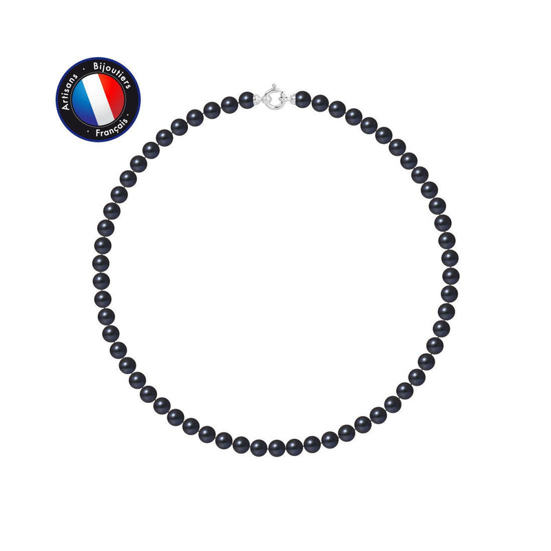 Collier NOELYSE | Or Blanc & Perles Noires | 6/7 mm