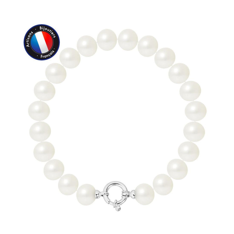 Bracelet- Perles de Culture d'Eau Douce- Semi Ronde 9-10 mm Blanc- Bijou Femme- Argent 925 Millièmes