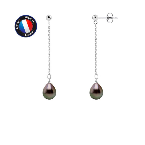 Boucle d'Oreilles Pendantes 3cm en Argent et Perles de Tahiti Ovales 8-9 mm