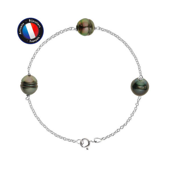 Bracelet- Perle de Culture de Tahiti- Cercl‚ 9-10 mm- Bijou Femme- Argent 925 Millièmes