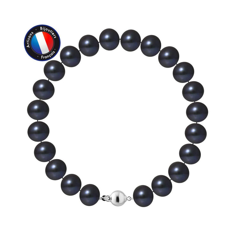 Bracelet Argent & Perles de Culture Black Tahiti - 9/10mm - Fermoir Boule