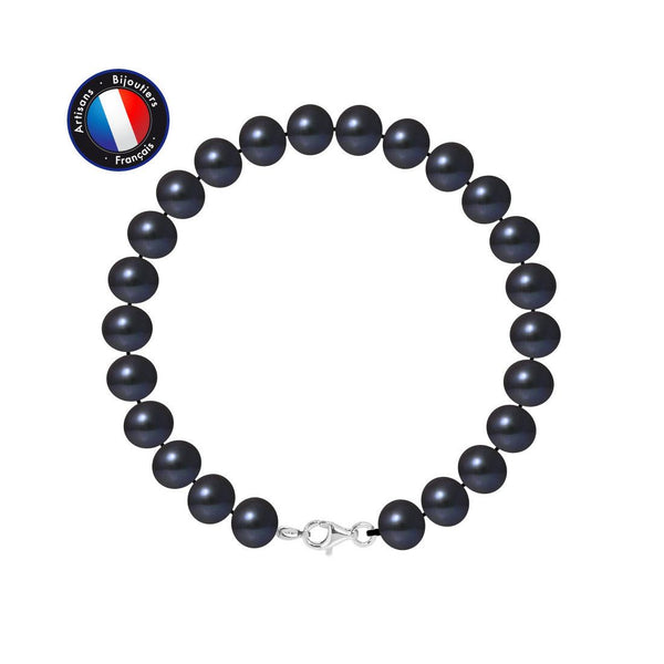 Bracelet NOELYSE | Argent & Perles Noires | 8/9 mm | Fermoir Mousqueton