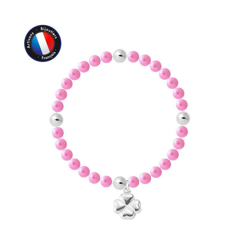 Bracelet Porte Bonheur Trêfle - Perles d'Eau Douce Roses Fushia