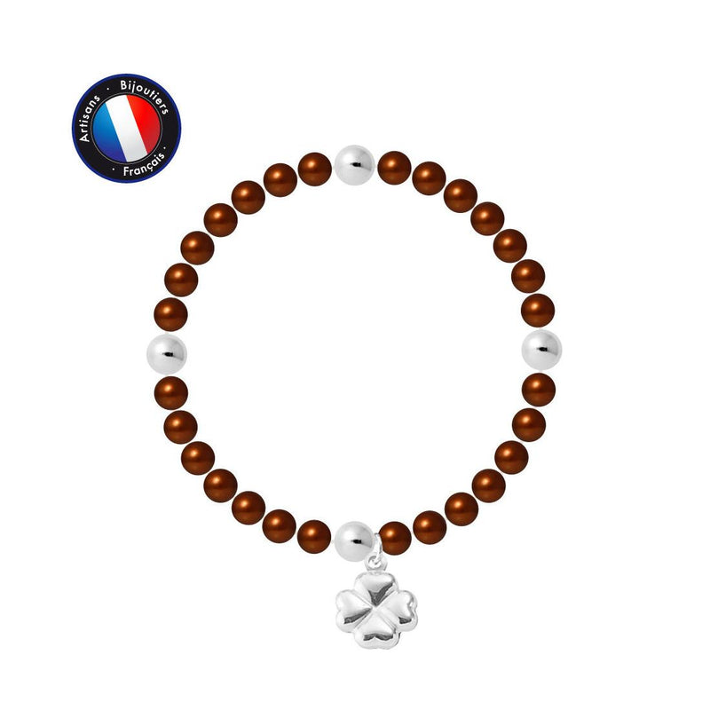 Bracelet Trêfle Porte Bonheur - Perle d'Eau Douce Marron