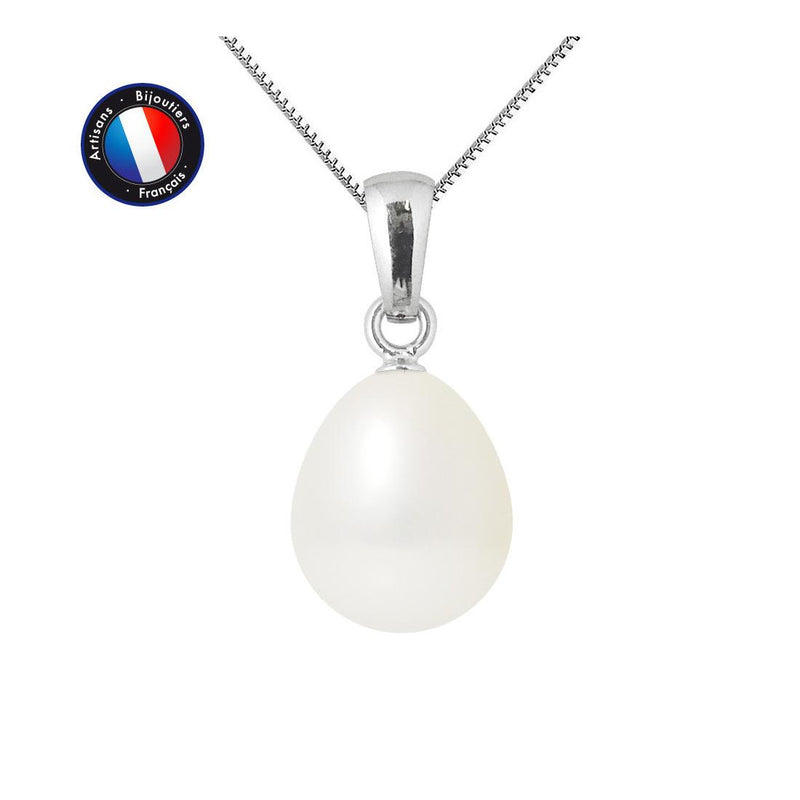 Pendentif- Perle de Culture d'Eau Douce- Bouton Diamètre 9-10 mm Blanc- Or Blanc