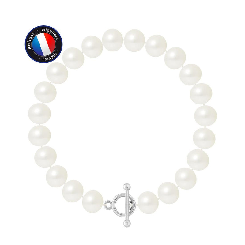 Bracelet Argent & Perles de Culture Blanches - 9/10mm - Fermoir Batonnet