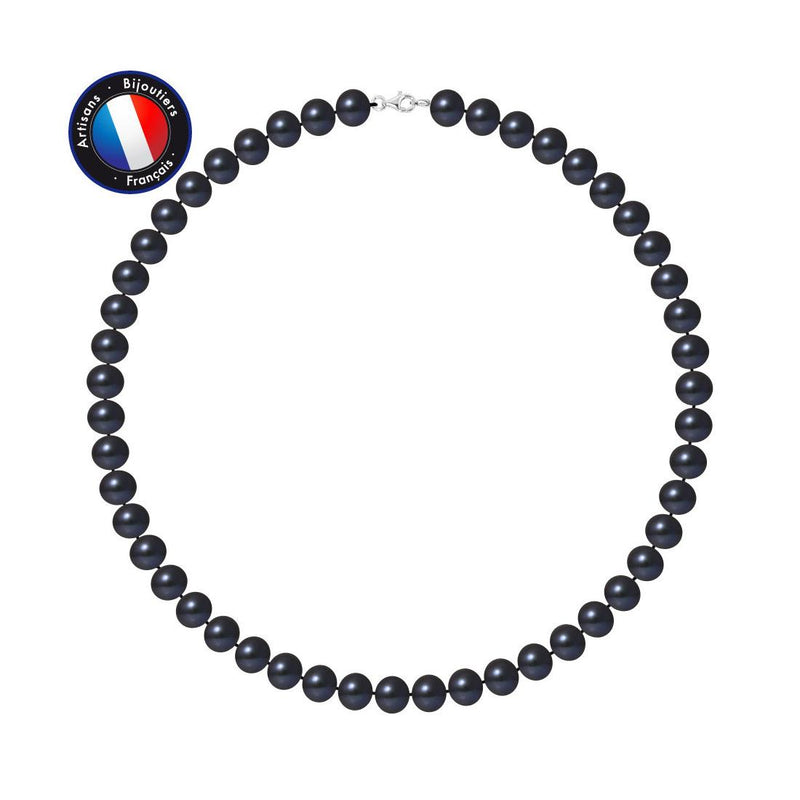 Collier NOELYSE | Argent & Perles Noires | 9/10 mm | Fermoir Mousqueton