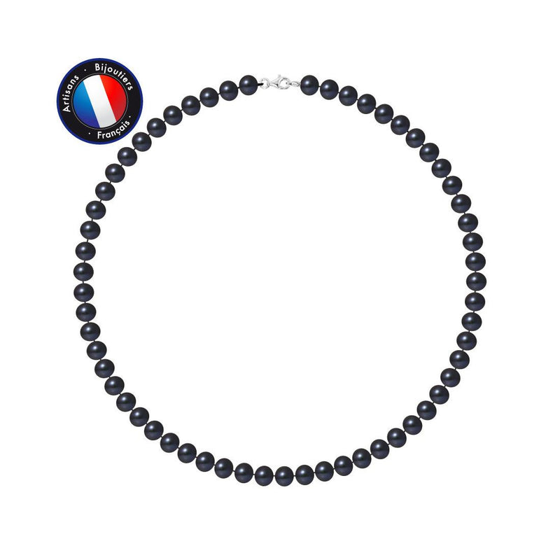 Collier- Perle d'Eau Douce- Semi Ronde 7-8 mm Black Tahiti- Bijou Femme