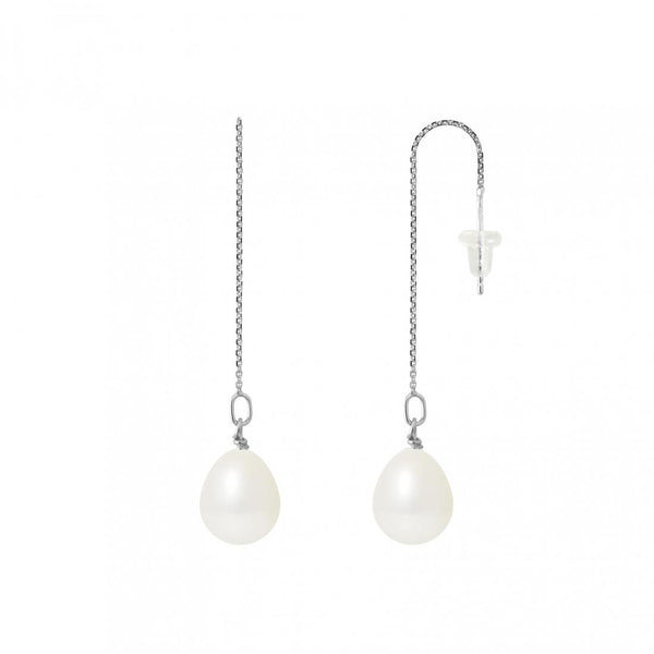 Boucle d'Oreilles Pendantes Or Blanc - Perles de Culture - Forme Poire - 8-9mm