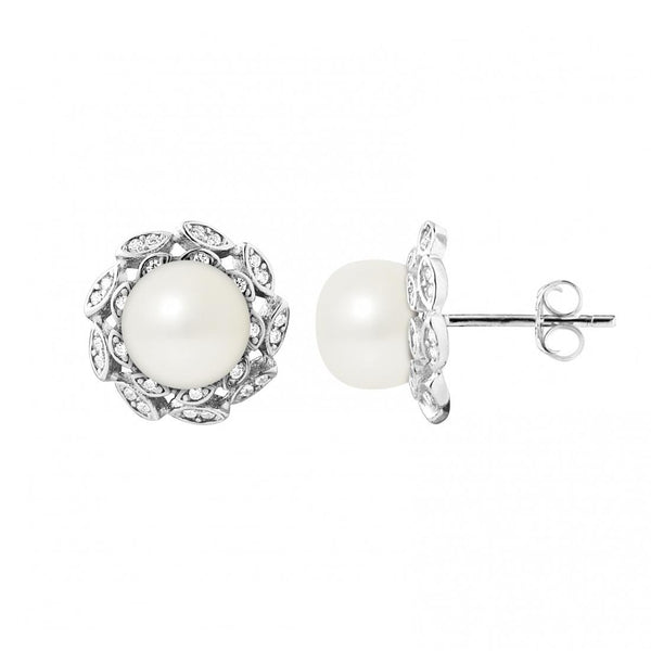 Boucles d'Oreilles- Corolle Perles de Culture d'Eau Douce Blanc- Bijou Femme- Argent 925 Millièmes