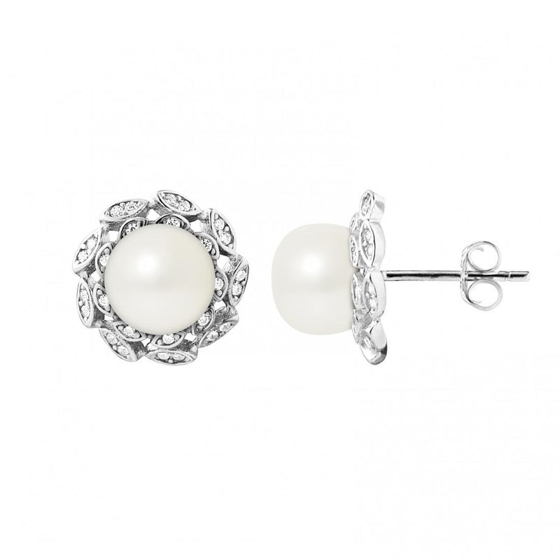 Boucles d'Oreilles- Corolle Perles de Culture d'Eau Douce Blanc- Bijou Femme- Argent 925 Millièmes