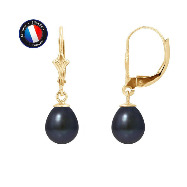 Boucle d'Oreilles Or jaune Perles de Culture d'Eau Douce Black Tahiti - Diamètre 7-8 mm