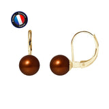 Boucle d'Oreilles Or Jaune Perles de Culture d'Eau Douce Ronde 7-8 mm Chocolat