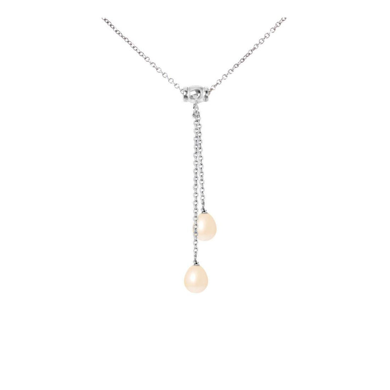 Collier Toi & Moi Argent  2 Perles de Culture d'Eau Douce Rose Naturel- Diamètre 7-8 mm