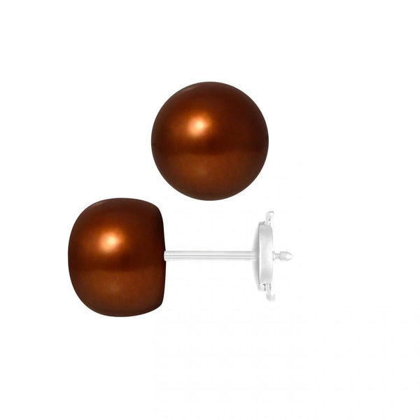 Boucle d'Oreilles Bouton AYA | Or Blanc & Perles de Culture Chocolat