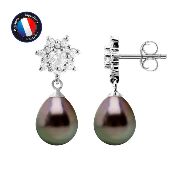 Boucle d'Oreilles - Perles de Culture de Tahiti- Poire Diamètre 8-9 mm- Bijou Femme- Argent 925 Millièmes