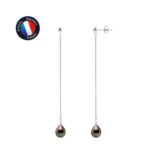 Boucle d'Oreilles Pendantes 7cm en Argent et Perles de Tahiti Ovales 8-9 mm