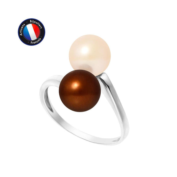 Bague DUO | Or Blanc & Perles de Culture Rose & Marron