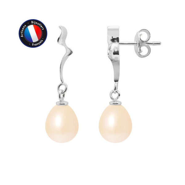 Boucle d'Oreilles- Perle de Culture d'Eau Douce- Poire 8-9 mm Rose- Or Blanc