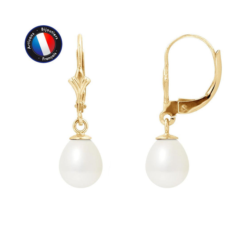 Boucle d'Oreilles - Perles de Culture d'Eau Douce- Diamètre 7-8 mm Blanc-OrJaune