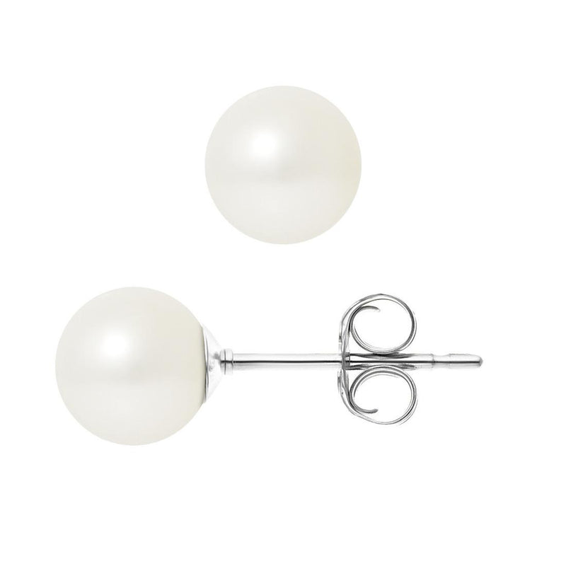 Boucles d'Oreilles- Perles de Culture d'Eau Douce Ronde 7-8 mm Blanc