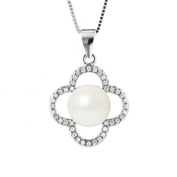 Collier TrŠfle- Perle de Culture d'Eau Douce- Diamètre 9-10 mm Blanc- Argent 925 Millièmes