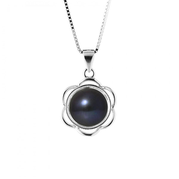 Collier Fleur- Perle de Culture d'Eau Douce  Bouton 8-9 mm Black Tahiti-  Argent 925 Millièmes