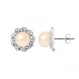 Boucles d'Oreilles- Corolle Perles de Culture d'Eau Douce  Rose-  Argent 925 Millièmes