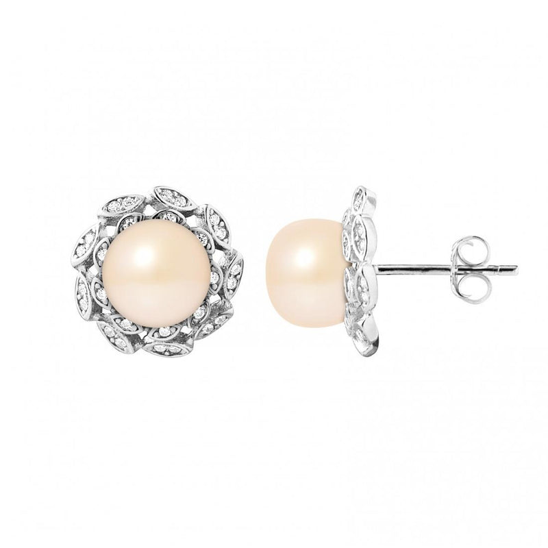 Boucles d'Oreilles- Corolle Perles de Culture d'Eau Douce  Rose-  Argent 925 Millièmes