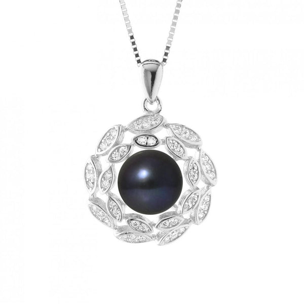 Collier Corolle- Perle de Culture d'Eau Douce  Bouton 8-9 mm Black Tahiti- Argent 925 Millièmes