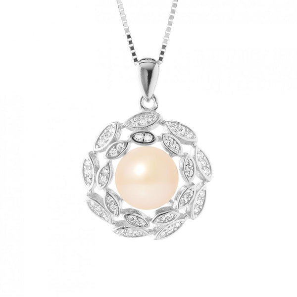 Collier Corolle- Perle de Culture d'Eau Douce  Bouton 8-9 mm Rose-  Argent 925 Millièmes