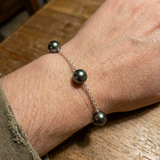 Bracelet Maille Argent & 3 Perles de Tahiti - 8/9mm