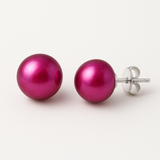 Boucle d'Oreilles Bouton AYA | Or Blanc & Perles de Culture Fushia