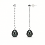 Boucles d'oreilles pendantes LOLITA | Or Blanc & Perles Noires