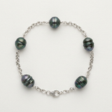 Bracelet argent 925 avec 5 perles de Tahiti 9-10mm baroques vert-noir sur chaîne forçat.