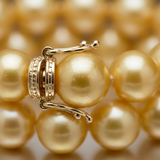 Gros plan sur le fermoir doré d'un bracelet en perles d'eau douce dorées.
